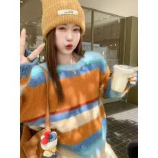 批发大货~秋冬新款多巴胺彩色条纹圆领毛茸茸软糯针织衫+阔腿裤套装