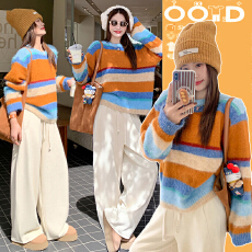 批发大货~秋冬新款多巴胺彩色条纹圆领毛茸茸软糯毛衣+阔腿裤套装