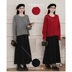 批发新款爆款设计感半开领冬季简约个性针织上衣+背心裙孕妇套装