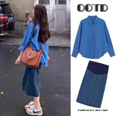 大货~2026新款法式高级感气质减龄孕妇衬衫+牛仔裙套装