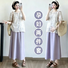批发大货~夏季新款法式<b class='q'>韩版</b>显瘦温柔风刺绣上衣+半身裙孕妇套装