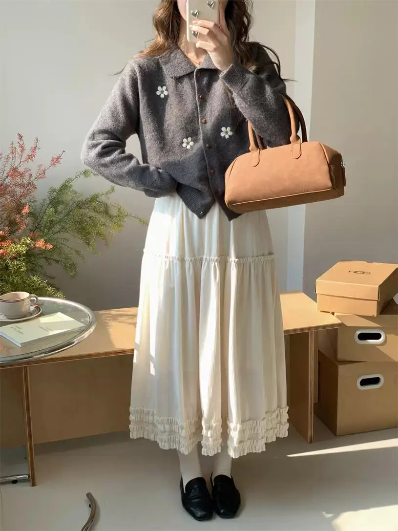 내추럴 레트로 폴로 칼라 자수 가디건 상세 이미지 7