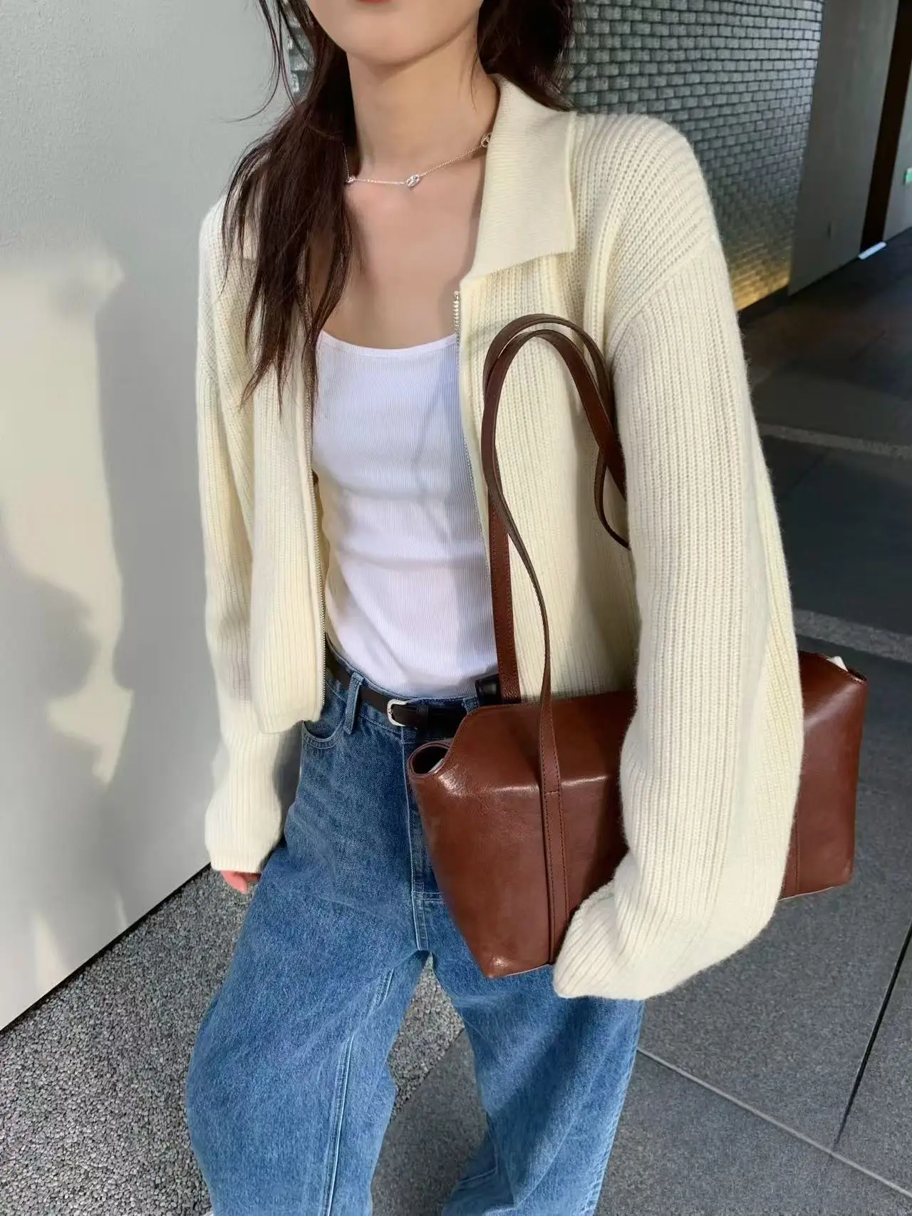 폴드 칼라 지퍼 니트 가디건 상세 이미지 1