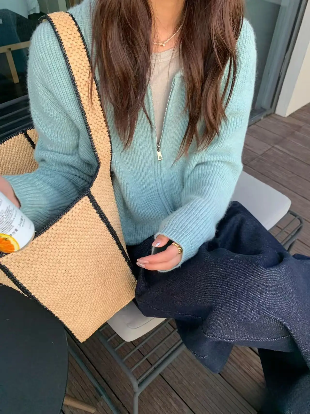 폴드 칼라 지퍼 니트 가디건