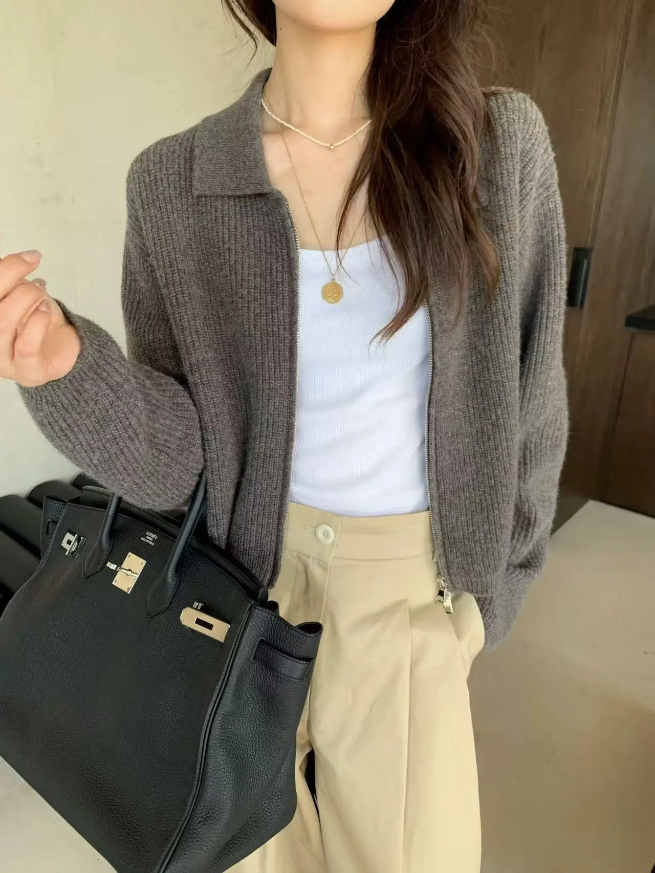 폴드 칼라 지퍼 니트 가디건 상세 이미지 5