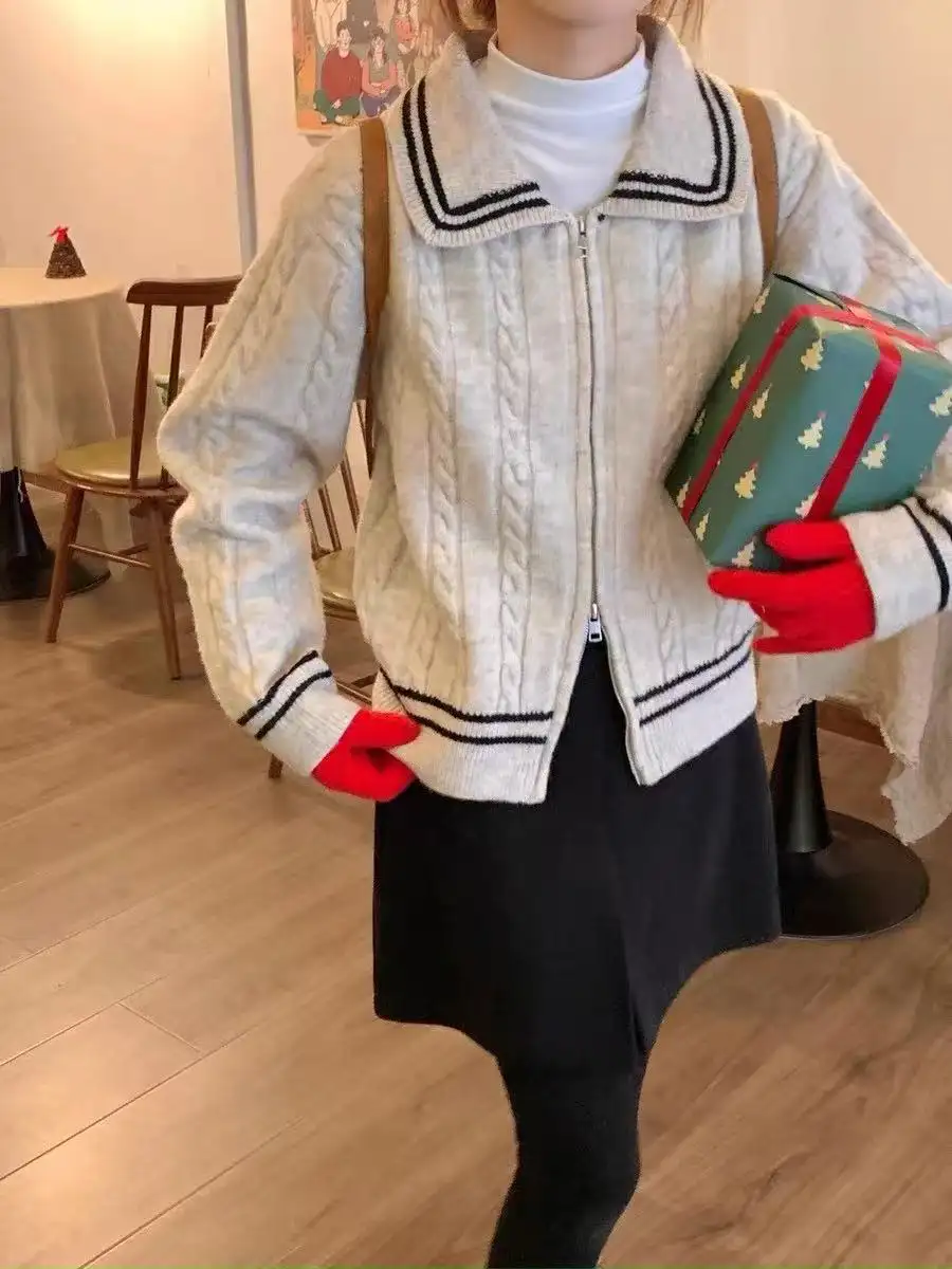 세일러 칼라 꽈배기 더블 지퍼 가디건 상세 이미지 1