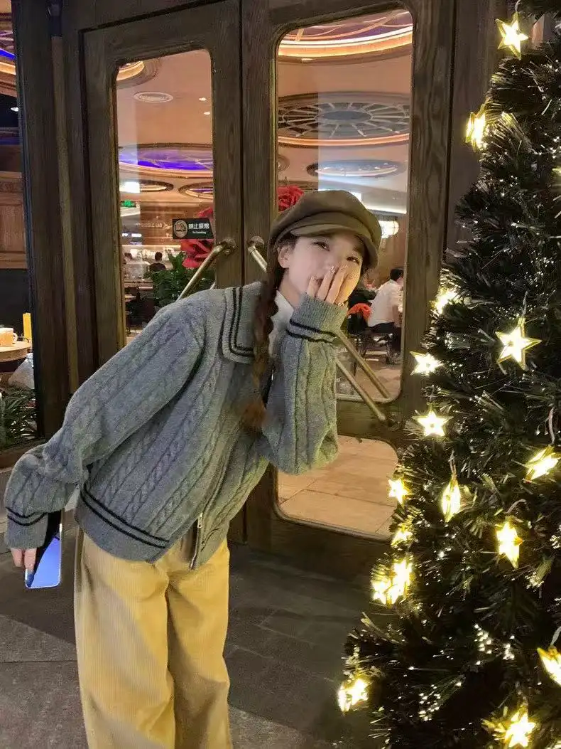 세일러 칼라 꽈배기 더블 지퍼 가디건 상세 이미지 2