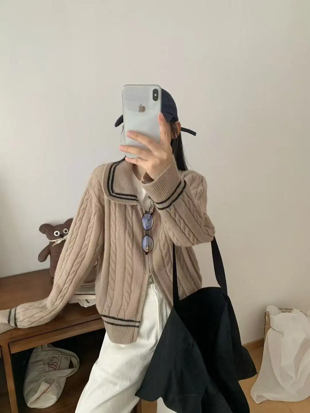 세일러 칼라 꽈배기 더블 지퍼 가디건 상세 이미지 3