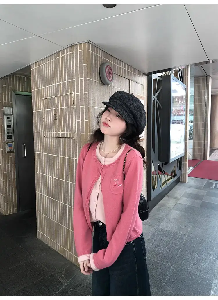레이어드 니트 가디건 크롭 긴소매 상세 이미지 5