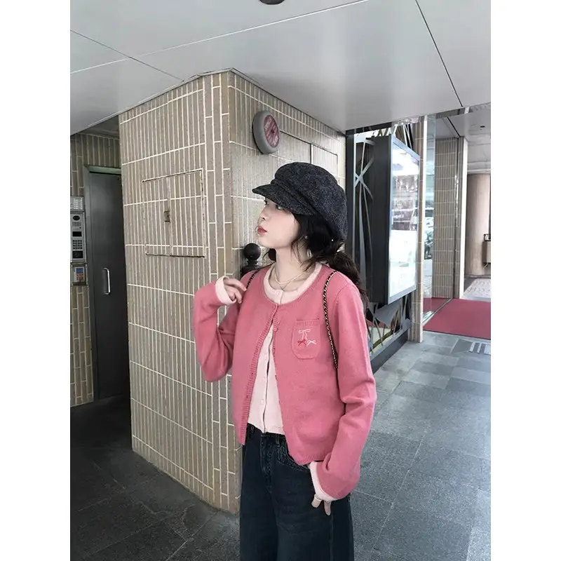레이어드 니트 가디건 크롭 긴소매 상세 이미지 6