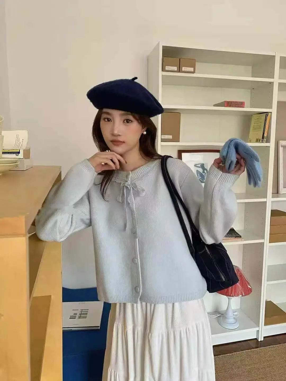 레이스 리본 러블리 니트 가디건 상세 이미지 3