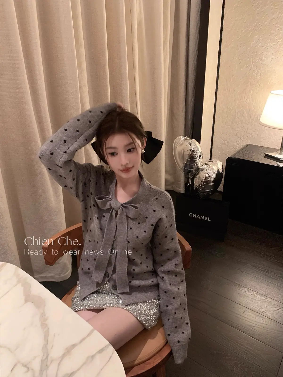 나비 리본 그레이 도트 니트 가디건 상세 이미지 2