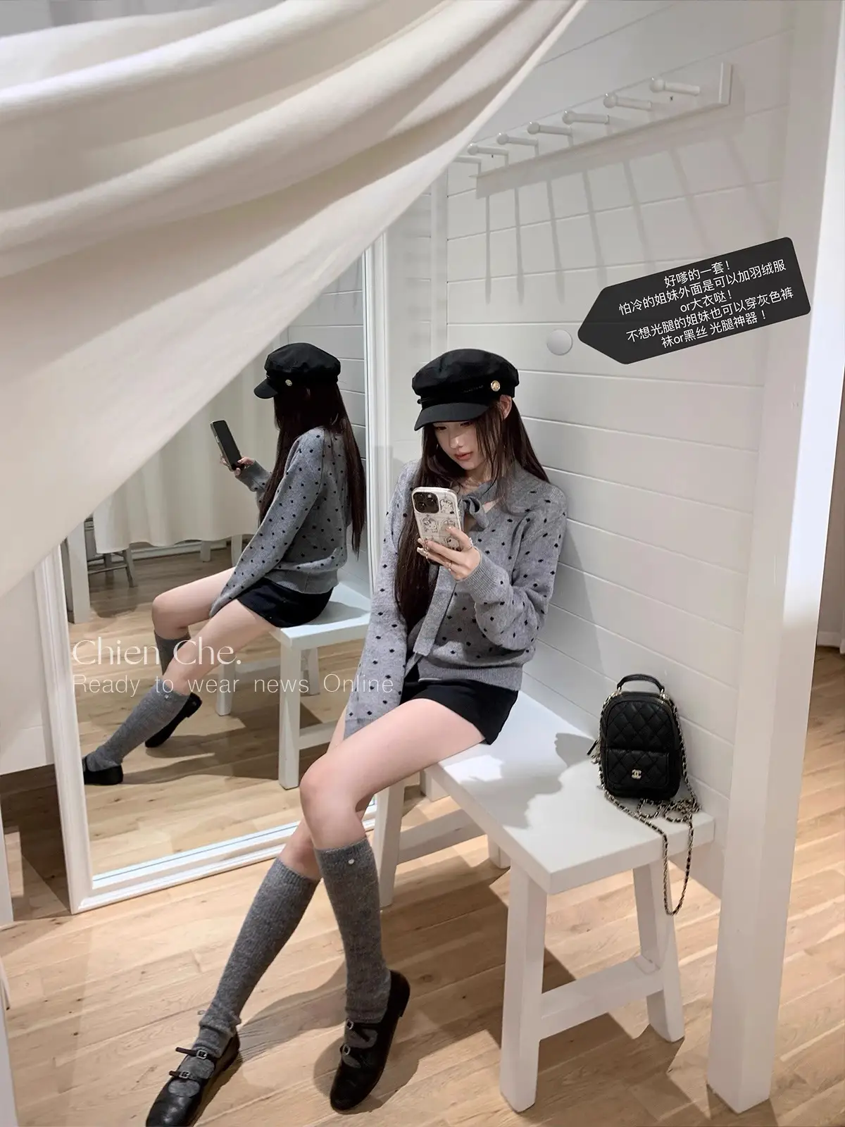 나비 리본 그레이 도트 니트 가디건 상세 이미지 4