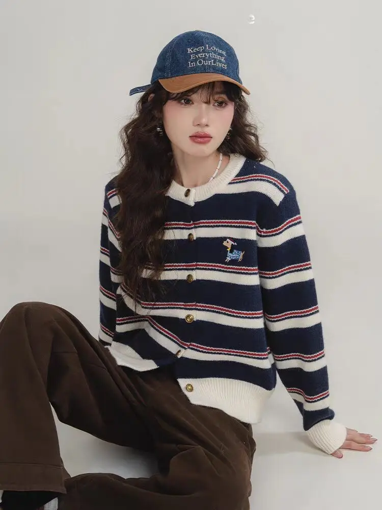 배색 스트라이프 자수 강아지 라운드넥 가디건 상세 이미지 2