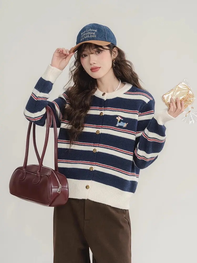 배색 스트라이프 자수 강아지 라운드넥 가디건 상세 이미지 5