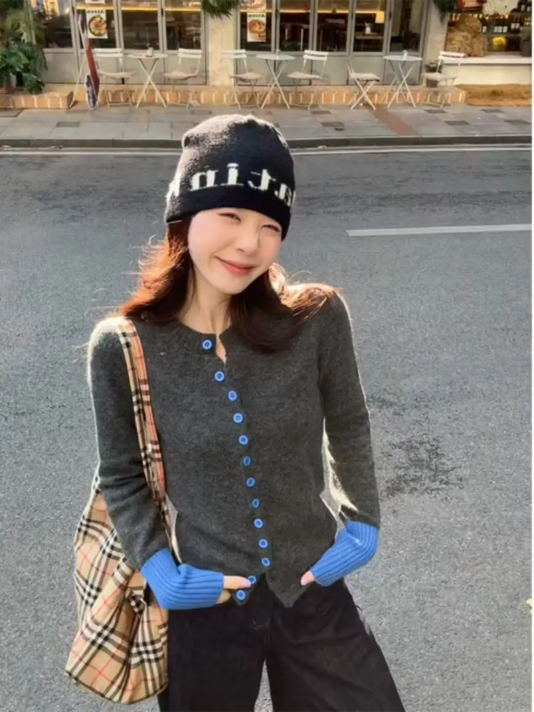 배색 레트로 디자인 니트 카디건 상세 이미지 1