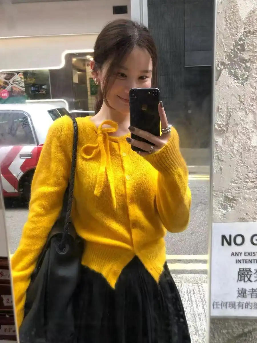라운드넥 언밸런스 끈 장식 가디건