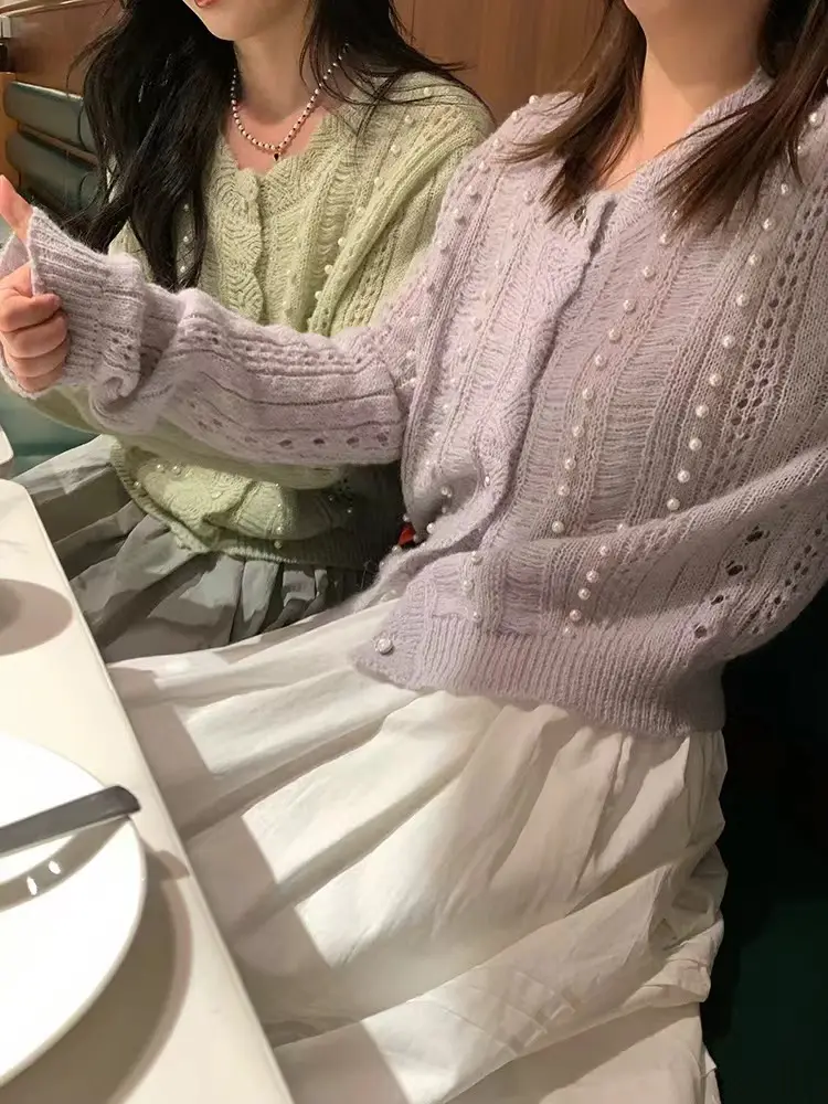 진주 장식 크롭 니트 가디건 상세 이미지 1