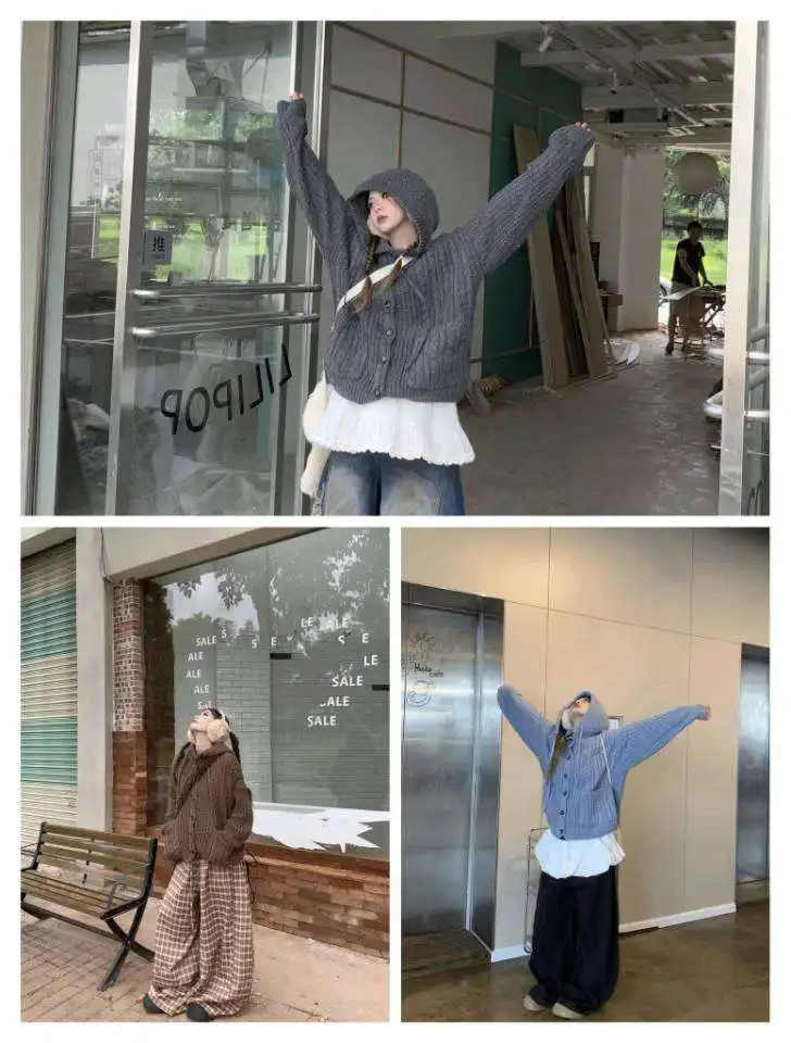레트로 루즈핏 후드 가디건 니트 상세 이미지 1