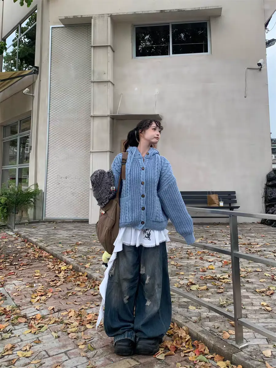 레트로 루즈핏 후드 가디건 니트 상세 이미지 2