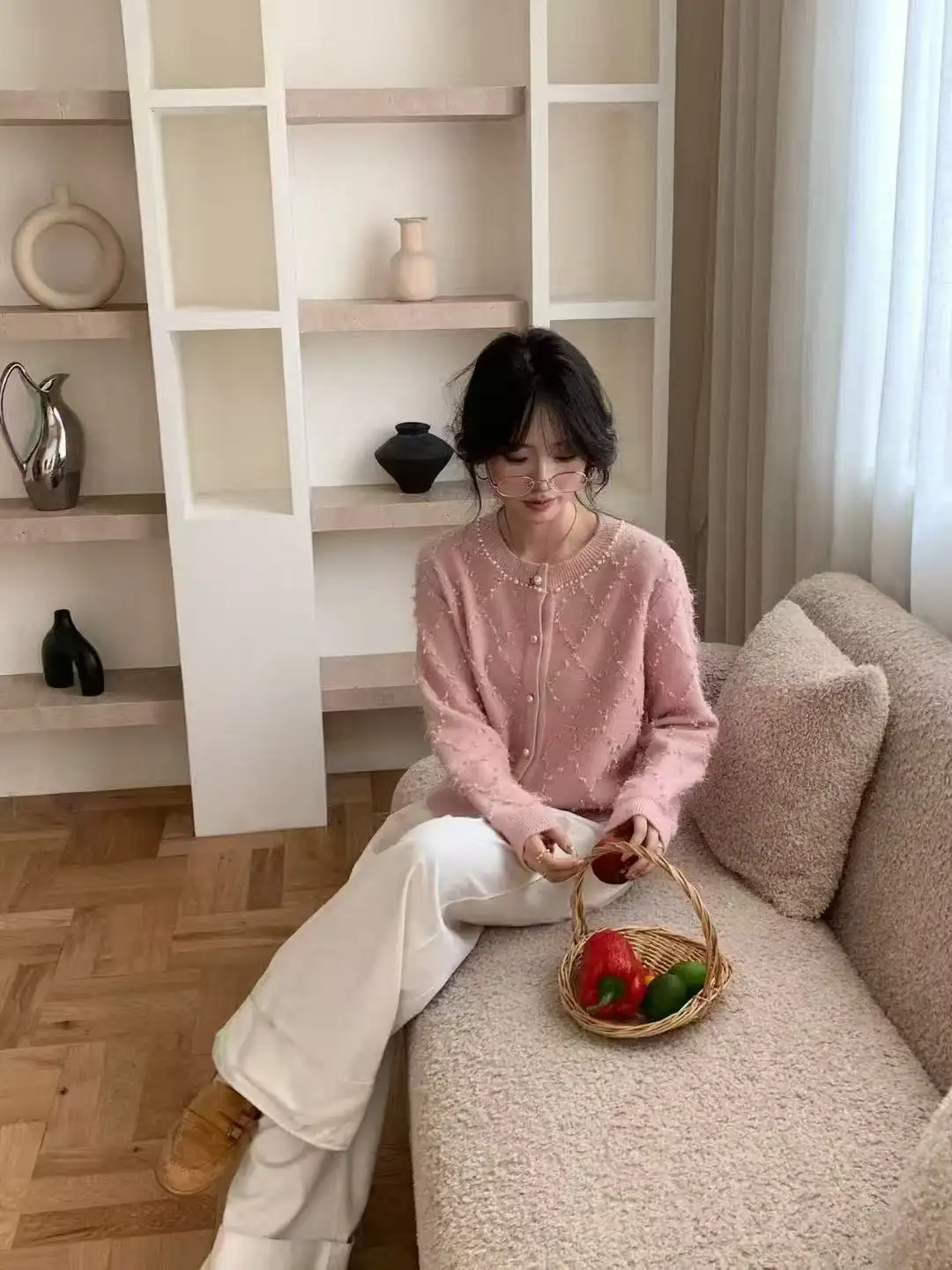 퀼팅 패턴 라운드넥 니트 가디건 상세 이미지 4