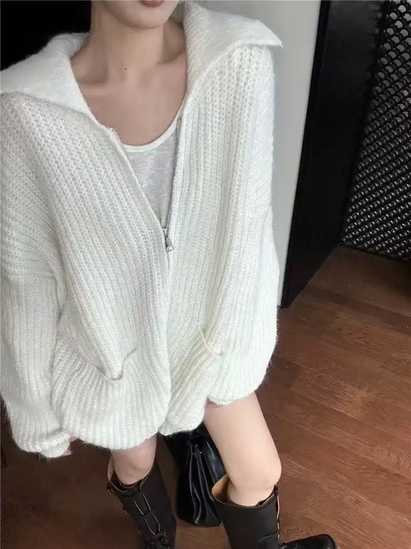 폴드 칼라 지퍼 니트 아우터 상세 이미지 4