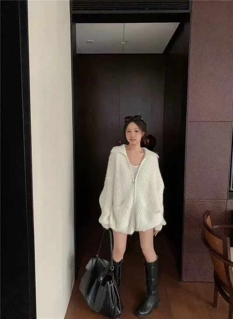 폴드 칼라 지퍼 니트 아우터 상세 이미지 6
