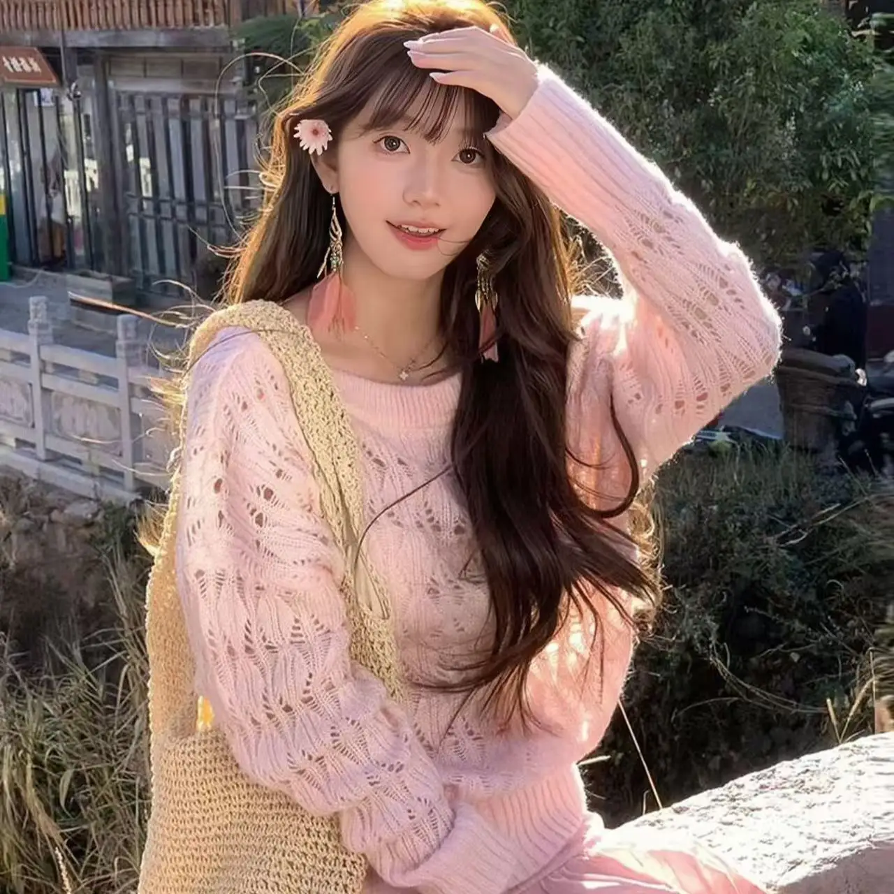 레이스 오프숄더 니트 상세 이미지 1