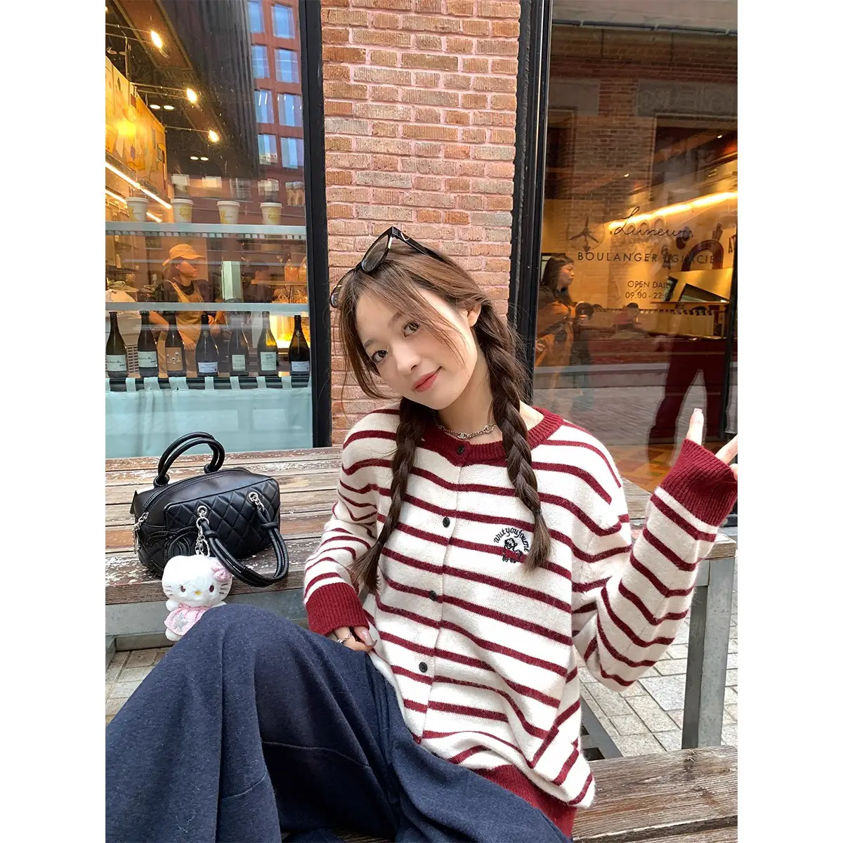 레트로 스트라이프 배색 니트 가디건 상세 이미지 1