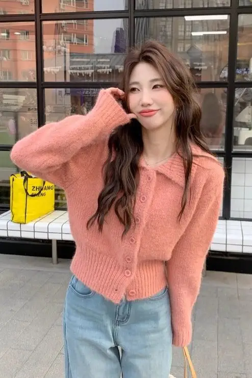 폴드 칼라 루즈핏 니트 가디건 상세 이미지 1