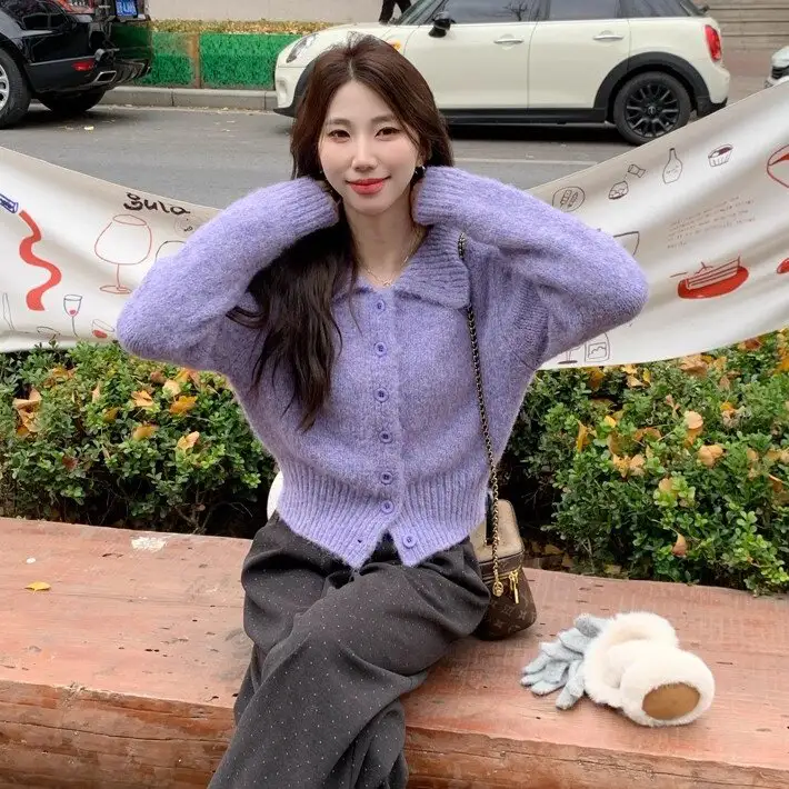 폴드 칼라 루즈핏 니트 가디건 상세 이미지 3