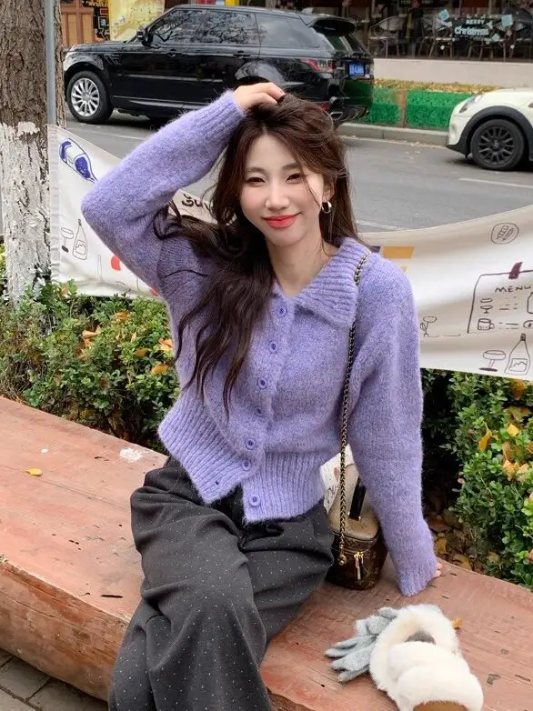 폴드 칼라 루즈핏 니트 가디건 상세 이미지 5