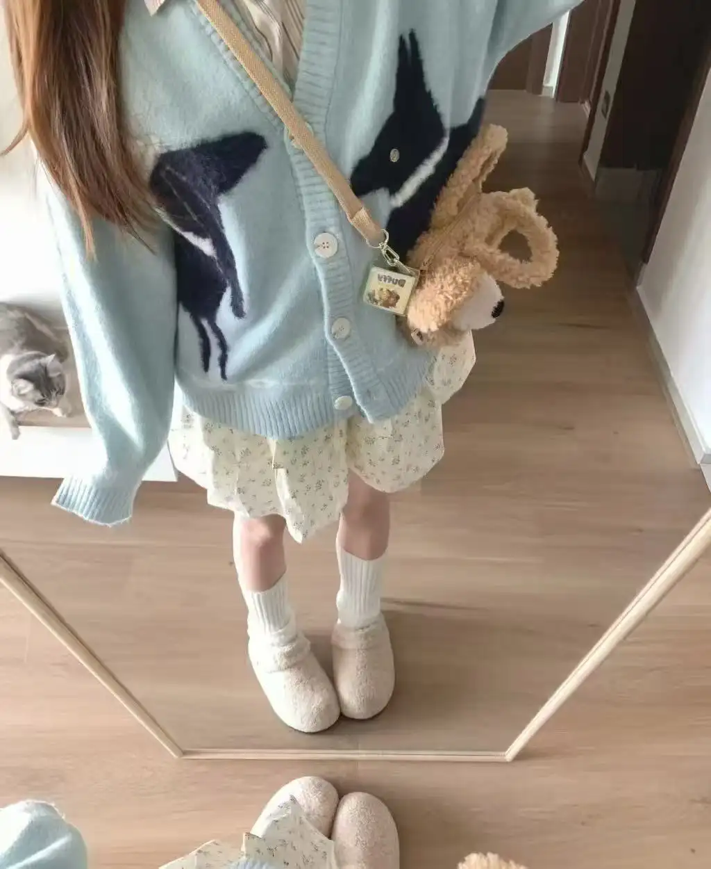 일본인기 레트로 강아지 자카드 포인트 울혼방 V넥 가디건 상세 이미지 2