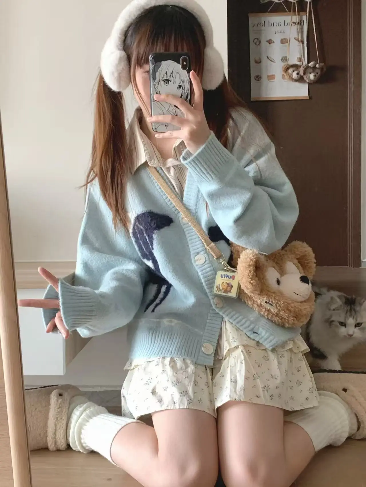 일본인기 레트로 강아지 자카드 포인트 울혼방 V넥 가디건 상세 이미지 5