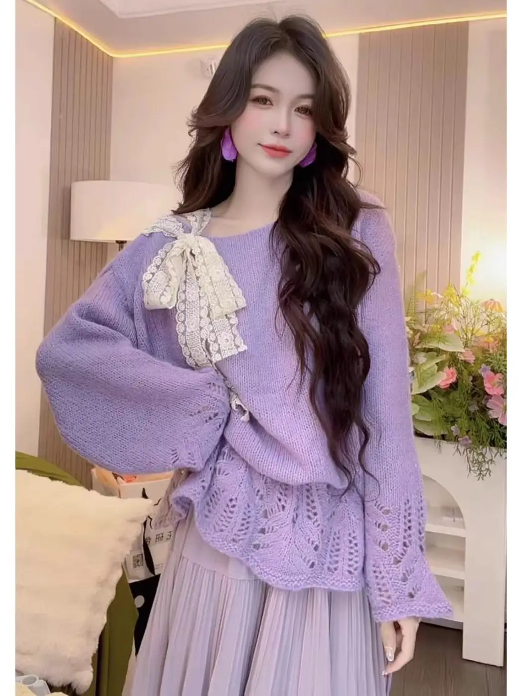 레이스 리본 끈 니트 상세 이미지 2