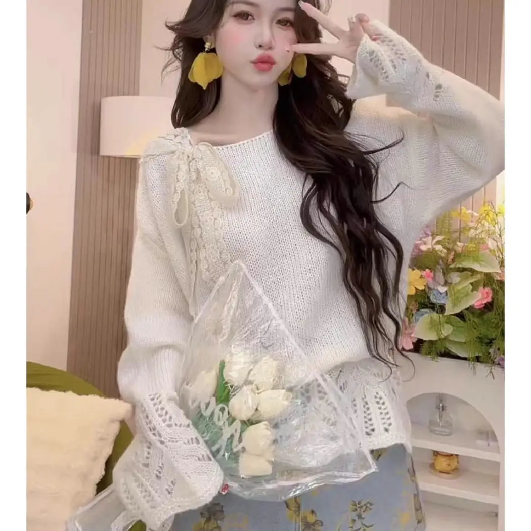 레이스 리본 끈 니트 상세 이미지 3