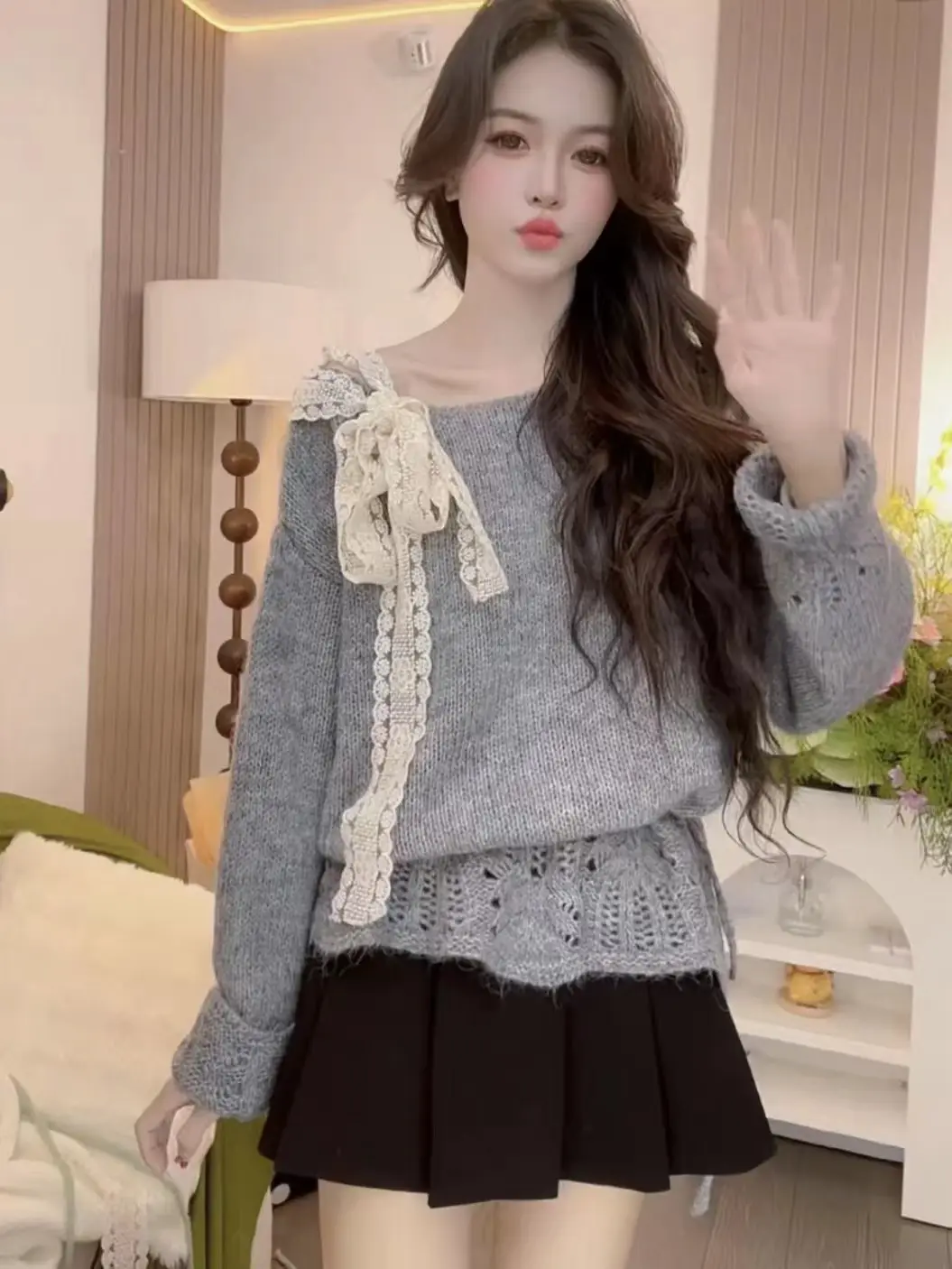 레이스 리본 끈 니트 상세 이미지 5