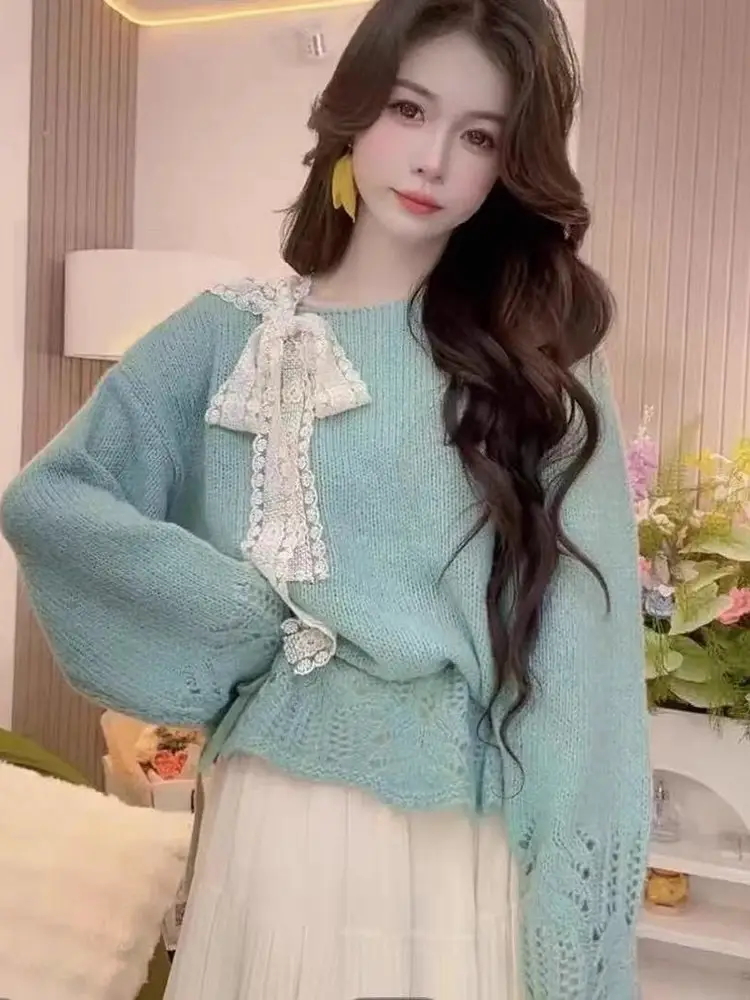 레이스 리본 끈 니트 상세 이미지 6