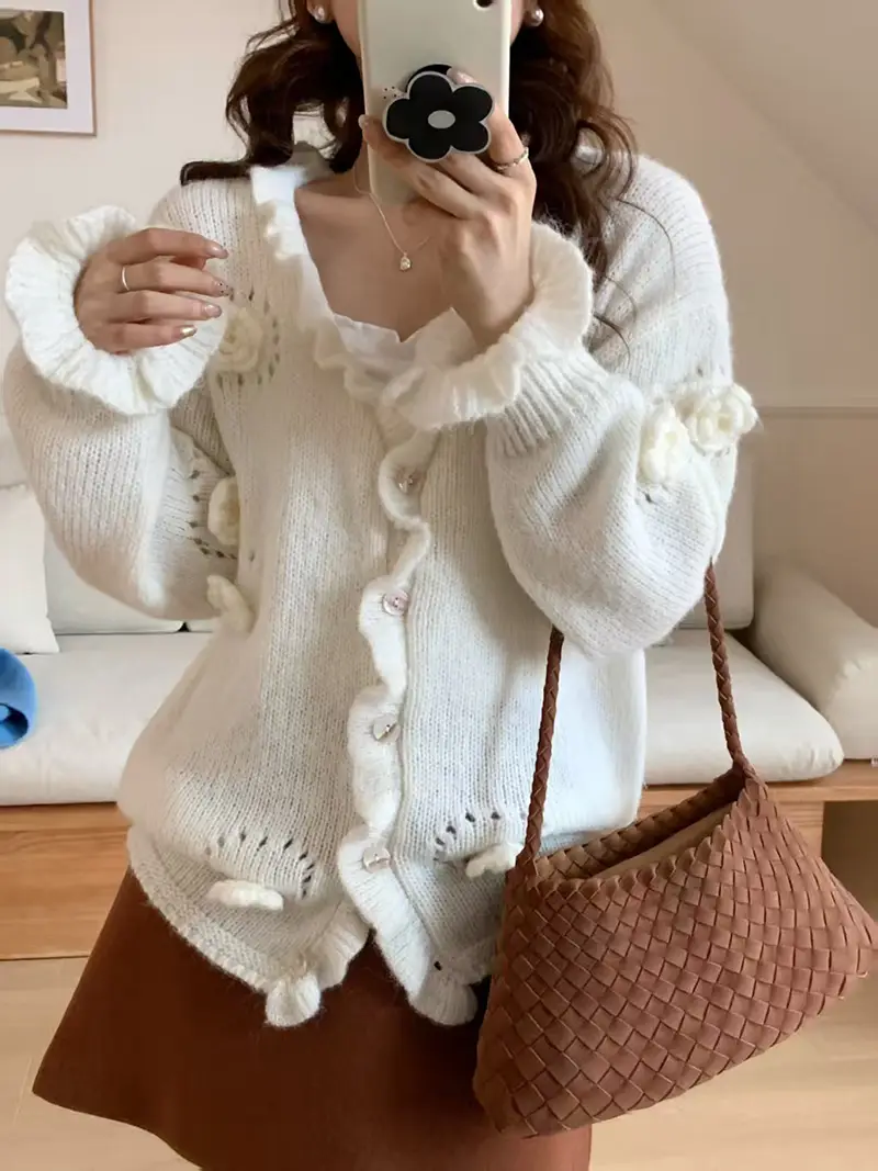 입체 플라워 프릴 가디건 니트 상세 이미지 7