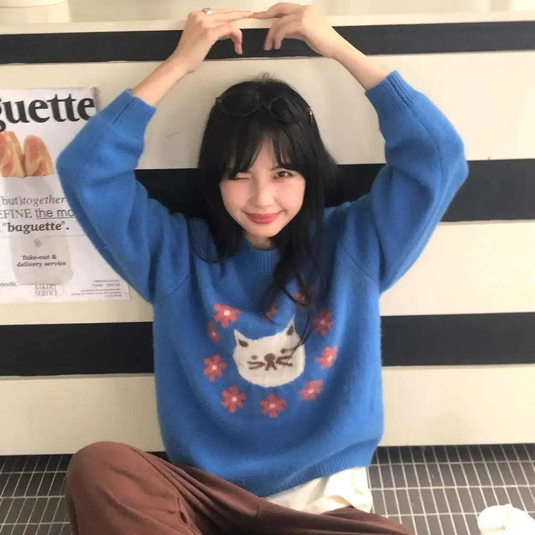 행운의 고양이 레트로 라운드넥 니트 상세 이미지 5