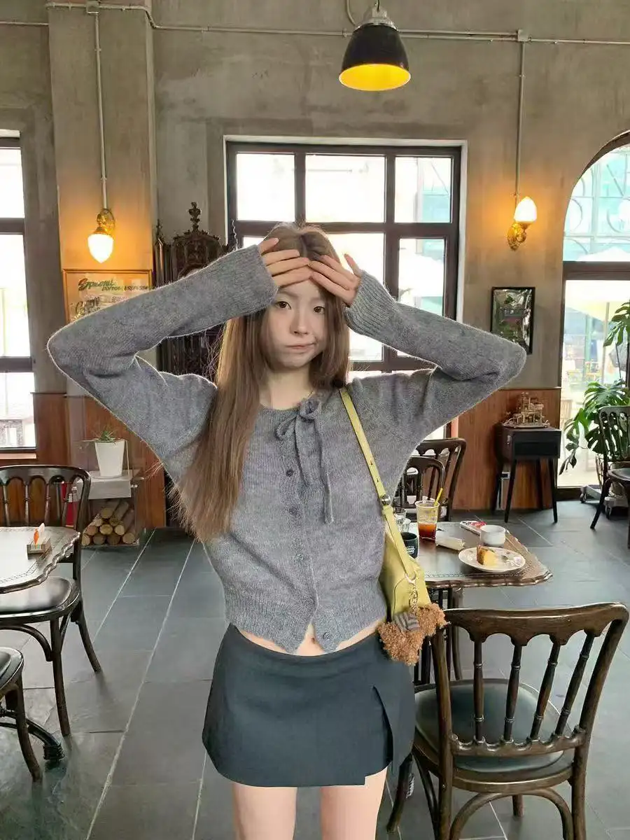 비대칭 넥 타이 마해모 가디건 상세 이미지 3