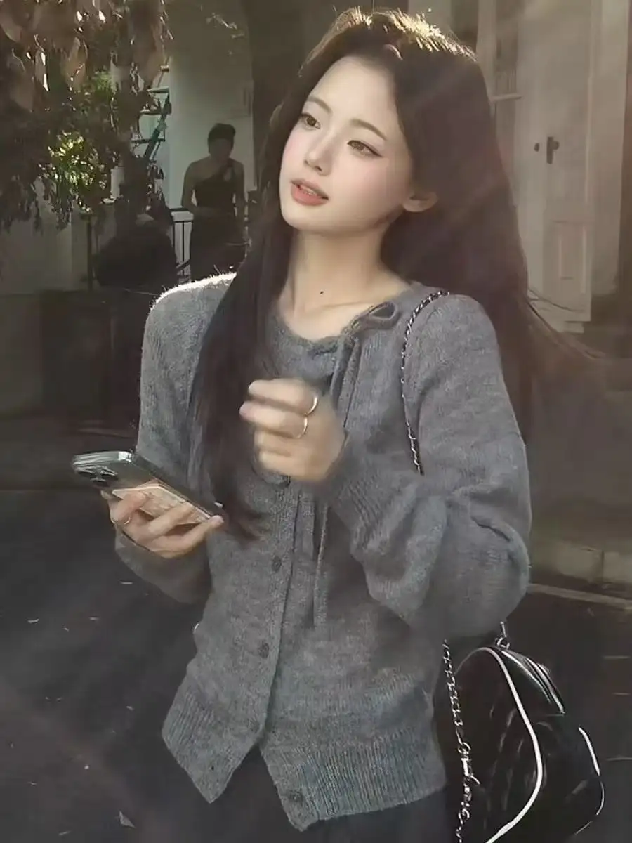 비대칭 넥 타이 마해모 가디건 상세 이미지 4