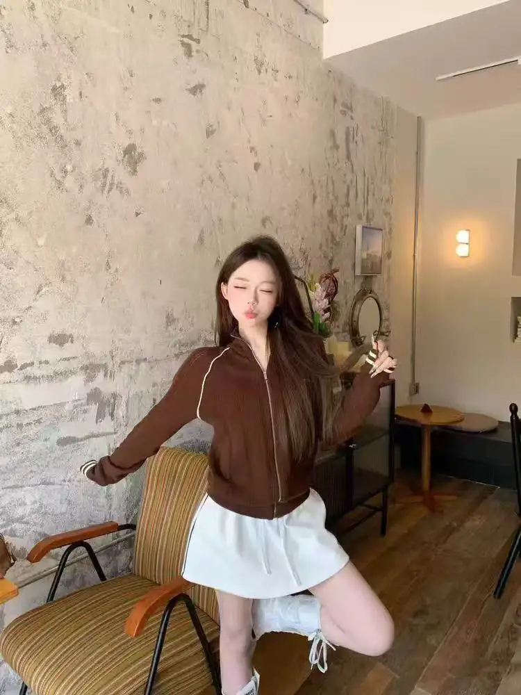 레트로 배색 스탠드 칼라 지퍼 니트 가디건 상세 이미지 4