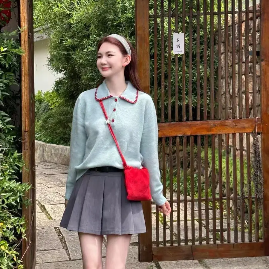컬러 배색 폴드 칼라 니트 상세 이미지 2
