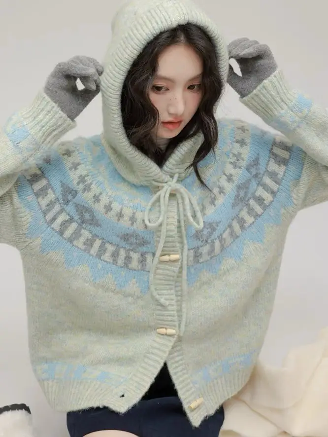 레트로 호른 버튼 후드 니트 가디건 상세 이미지 2