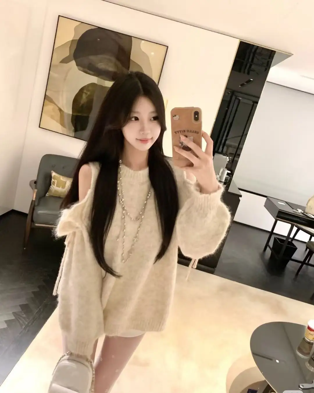 리본 끈 디테일 오프숄더 니트 상세 이미지 5