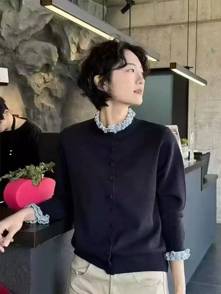 한국인기 스탠드 칼라 프릴 배색 니트 가디건 상세 이미지 1
