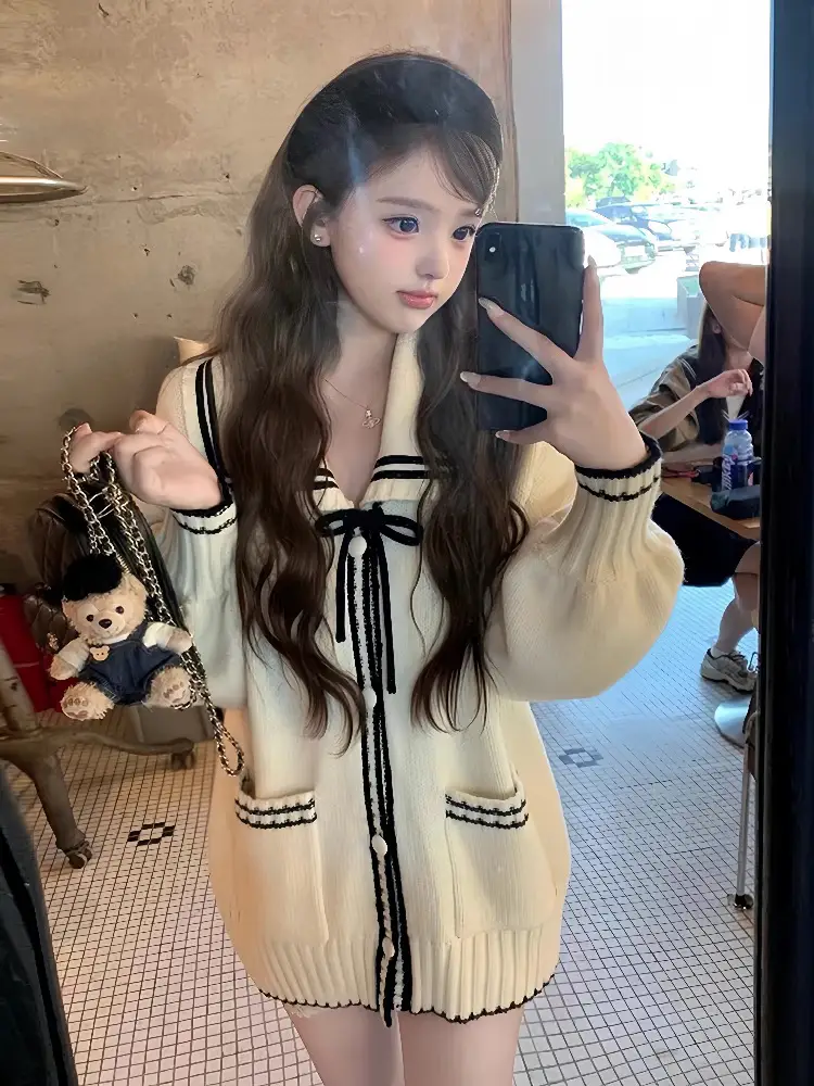 세일러 칼라 오버사이즈 끈 디테일 가디건 상세 이미지 1