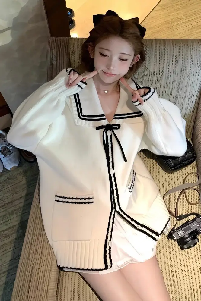 세일러 칼라 오버사이즈 끈 디테일 가디건 상세 이미지 3