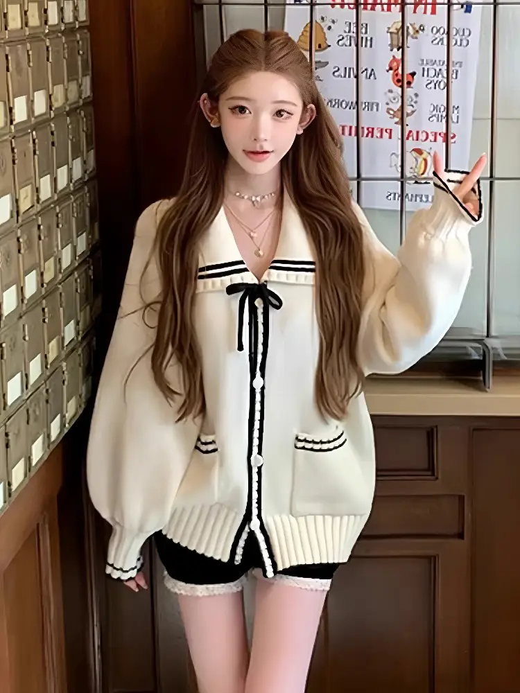 세일러 칼라 오버사이즈 끈 디테일 가디건 상세 이미지 4